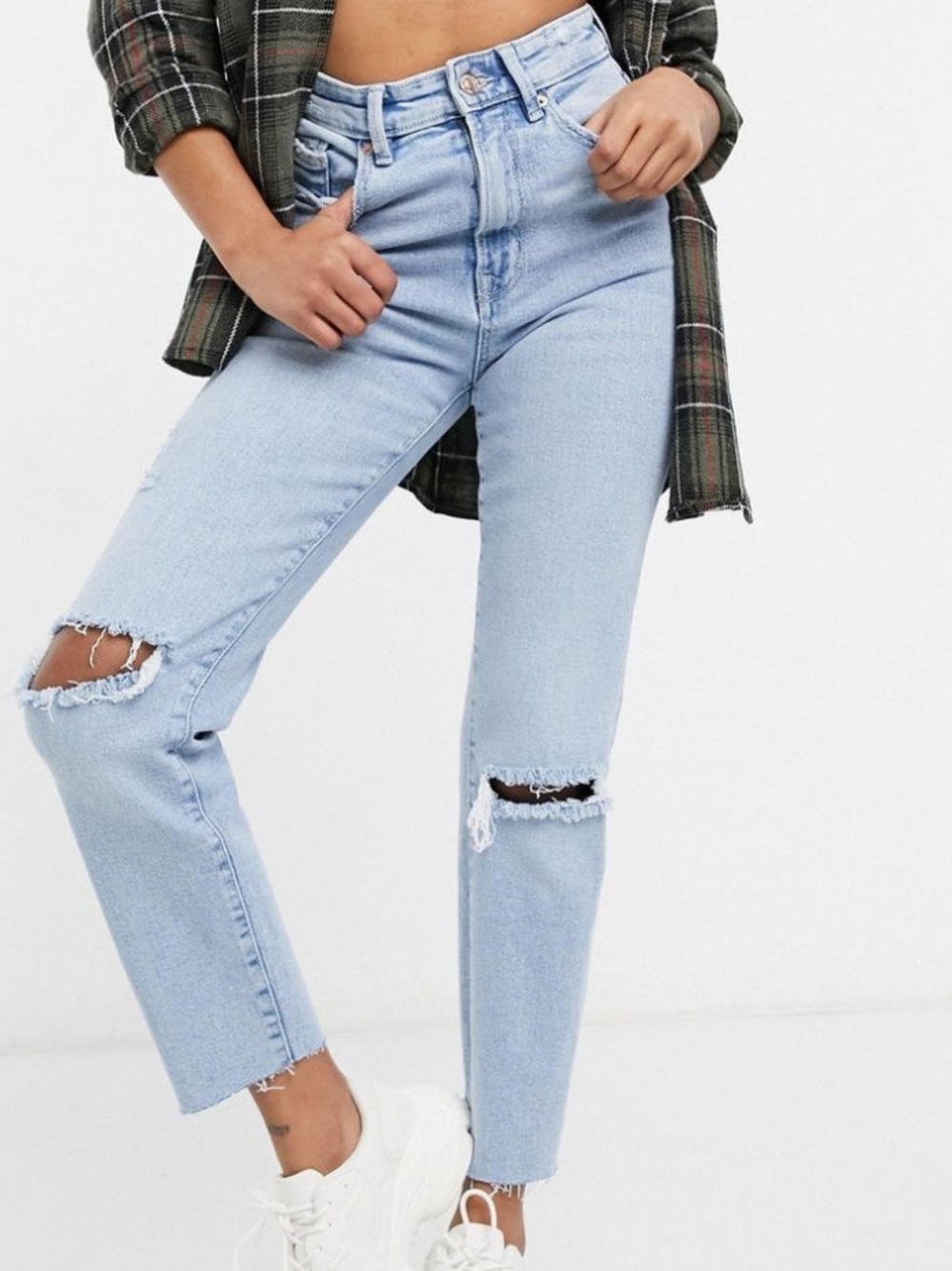 stradivarius Light Blue Mom Slim Jeans with Knee Rips